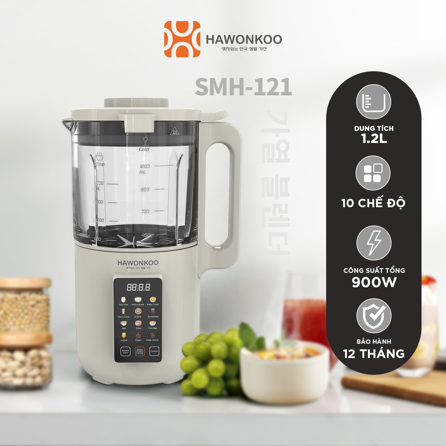 Máy Làm Sữa Hạt Hawonkoo SMH-121 10 chế độ nấu 900W 1200ML Hàng Chính Hãng Bảo Hành 12 Tháng - Thương Hiệu Hàn Quốc