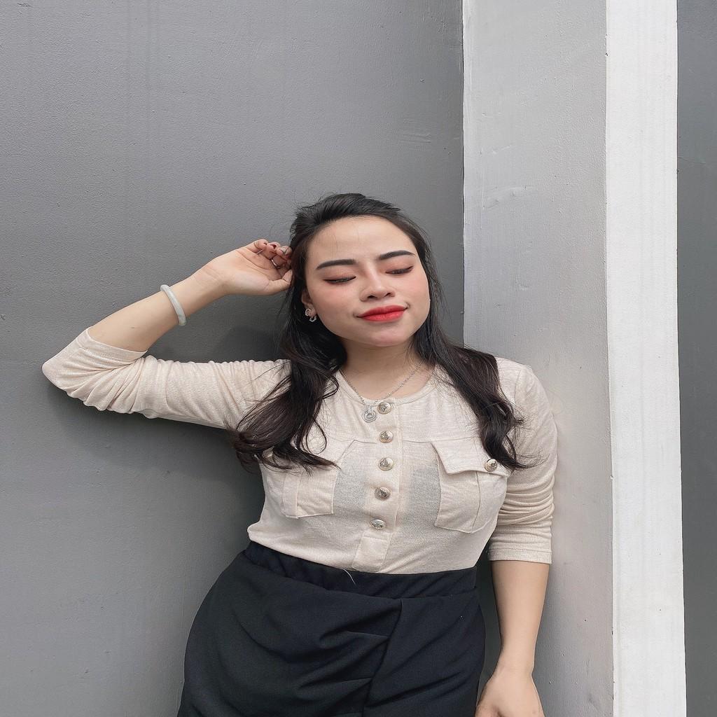 Áo thun dăm nữ dài tay, co giãn,nhiều cúc trước ngực tôn dáng freesize đến 75kg