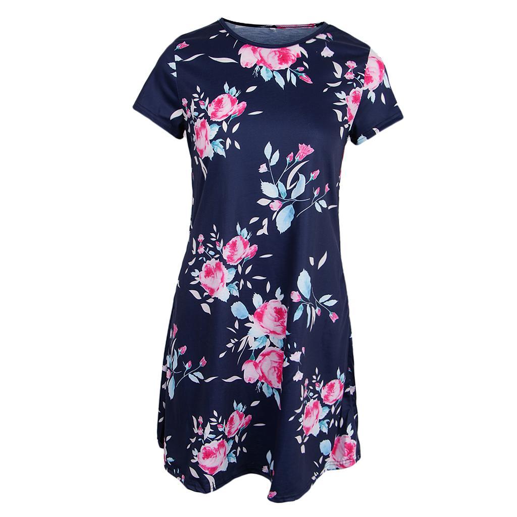 Women's Casual Floral Flared Skater Dress Short Sleeve A Line Dress with Pockets
