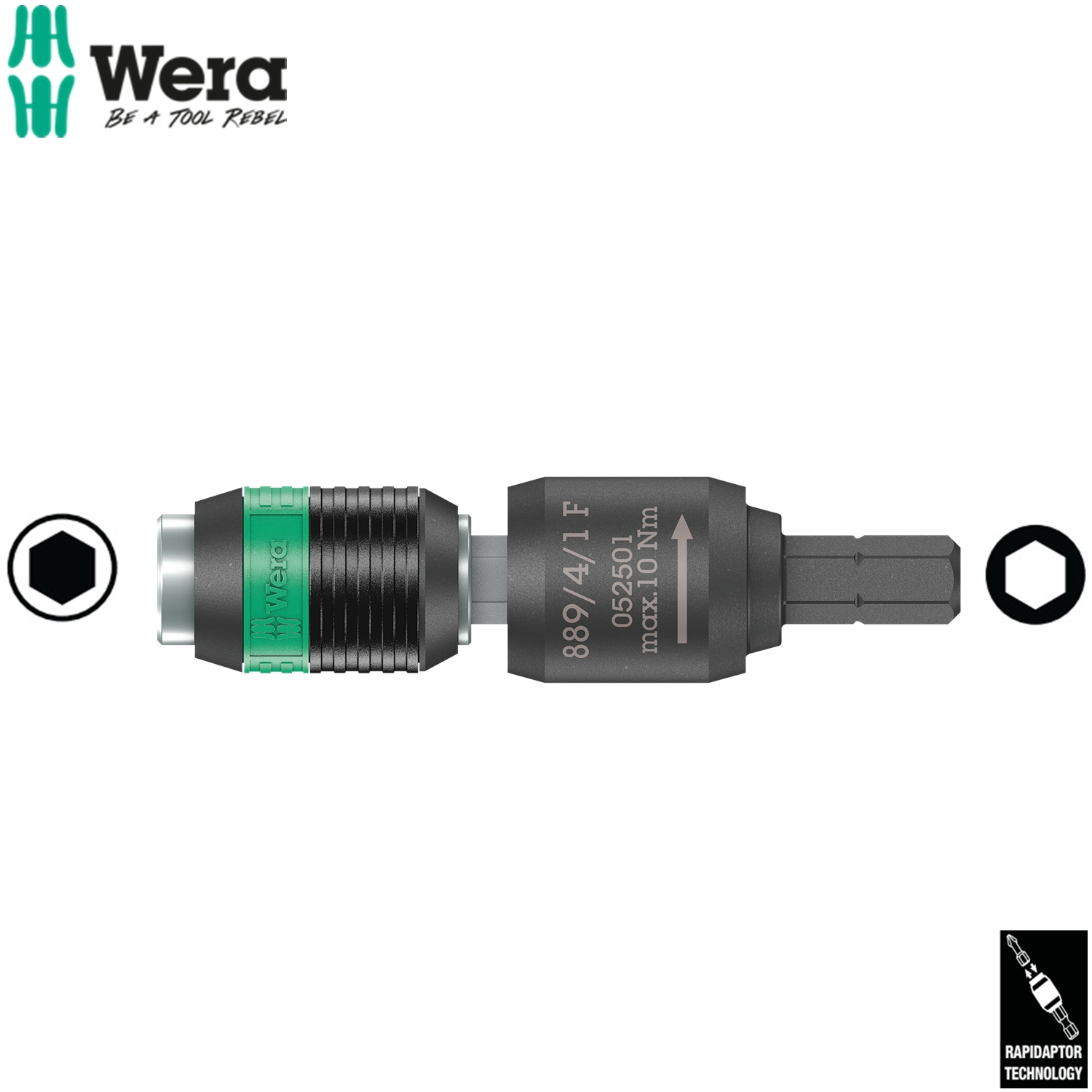 Đầu nối tua vít lực Wera 05052501001  889/4/1 F Rapidaptor Free-running bit holder  tháo lắp nhanh, đầu vào 1/4" ứng dụng tua vít lực Wera