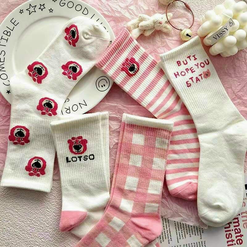 set5 đôi Vớ cotton cổ cao hình gấu dâu LOSTO dễ thương Hàn Quốc - Tất cao cổ hoạ tiết gấu hồng co giãn - Hồng