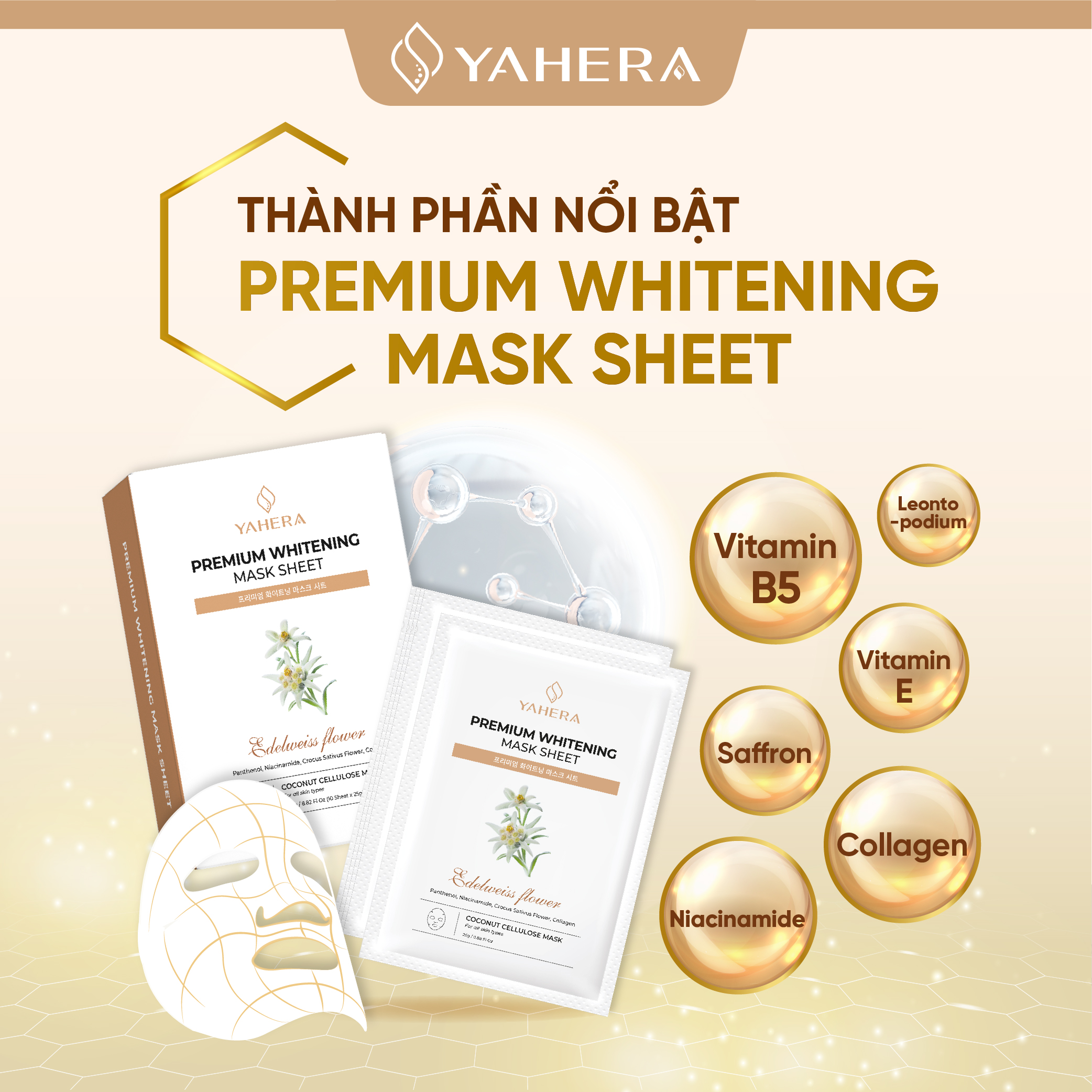 Hộp 10 Mặt nạ thạch nước dừa tươi dưỡng trắng da cao cấp YAHERA Premium Whitening Mask Sheet dưỡng ẩm, phục hồi da 25g