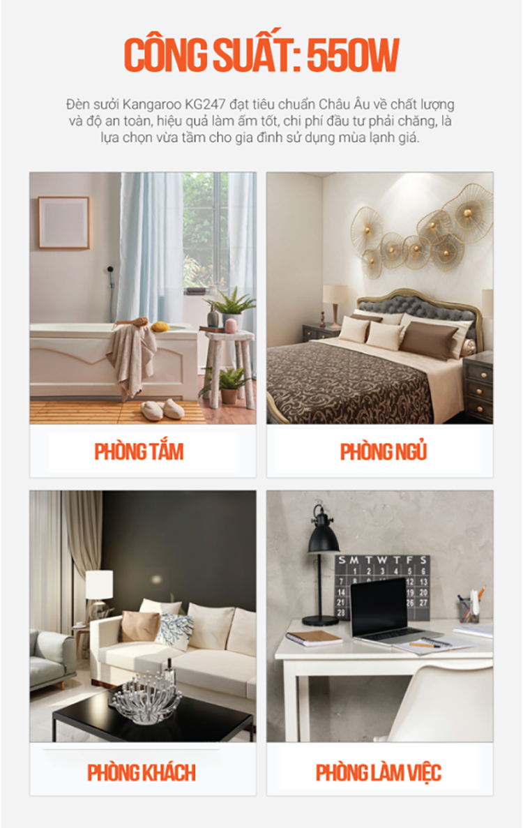 Đèn Sưởi Phòng Tắm Kangaroo KG247/KG247V - 2 Bóng - Hàng chính hãng