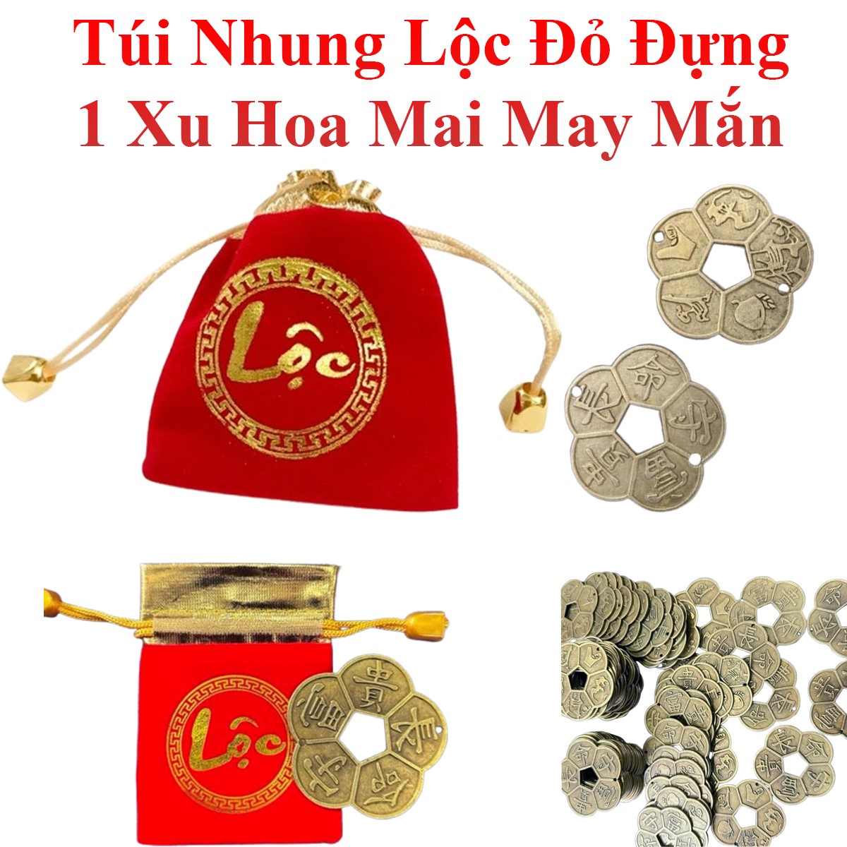 Túi Nhung Lộc Đỏ Đựng 1 Xu Hoa Mai May Mắn Phong Thủy