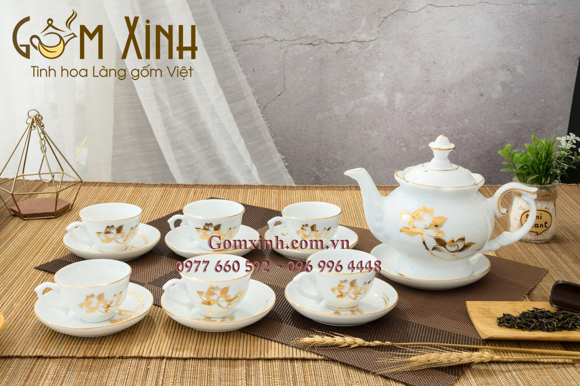 Bộ ấm chén Bát Tràng_Bộ bình trà Phú Quý hoa sen vàng kim