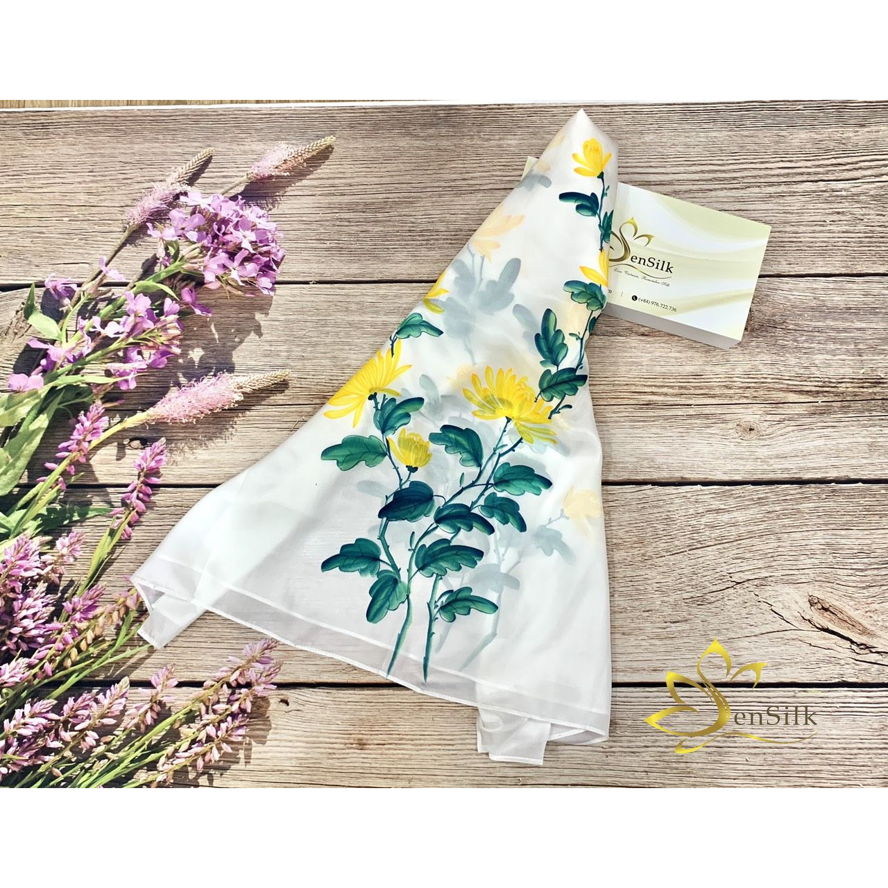 Khăn Lụa Tơ Tằm Vẽ Hoa Cúc Vàng SenSilk - Art of Silk Quà Tặng Mẹ - Hand Painted Silk Scarf - High Quality Pure Silk
