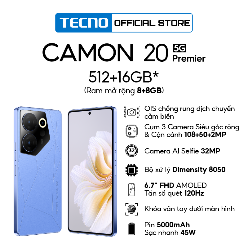 Điện thoại Tecno CAMON 20 Premier 5G - 8GB/512GB | Dimensity 8050| Cụm Camera 108+50+ 2MP | AMOLED - Tần số quét 120Hz - Hàng chính hãng