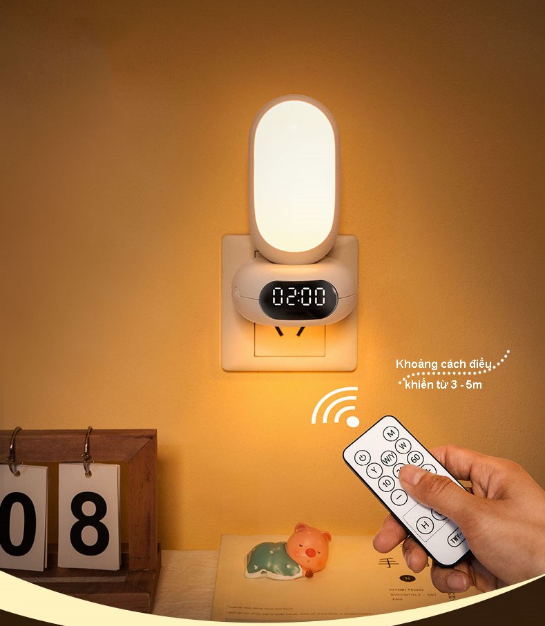 Đèn ngủ điều khiển từ xa bảo vệ mắt với 3 chế độ sáng, điều chỉnh độ sáng 10 cấp độ, tích hợp đồng hồ xem giờ