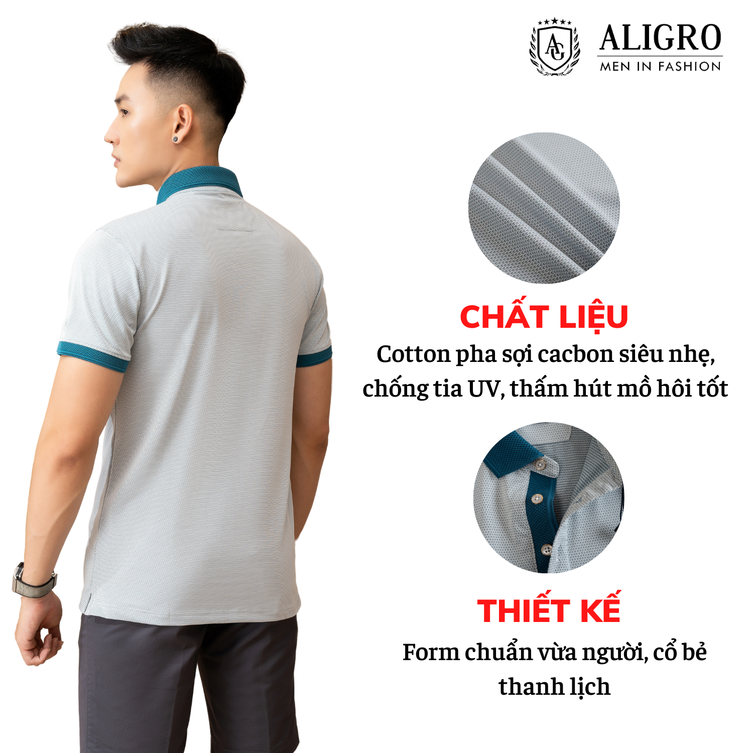 Áo polo nam dệt kiểu V màu ghi ALGPLO79