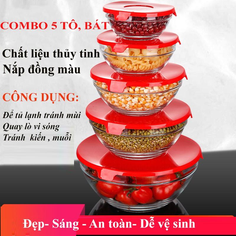 Bộ 5 Tô Bát Thủy Tinh Có Nắp Đậy Đựng Và Bảo Quản Thực Phẩm Rất Sạch sẽ và an Toàn