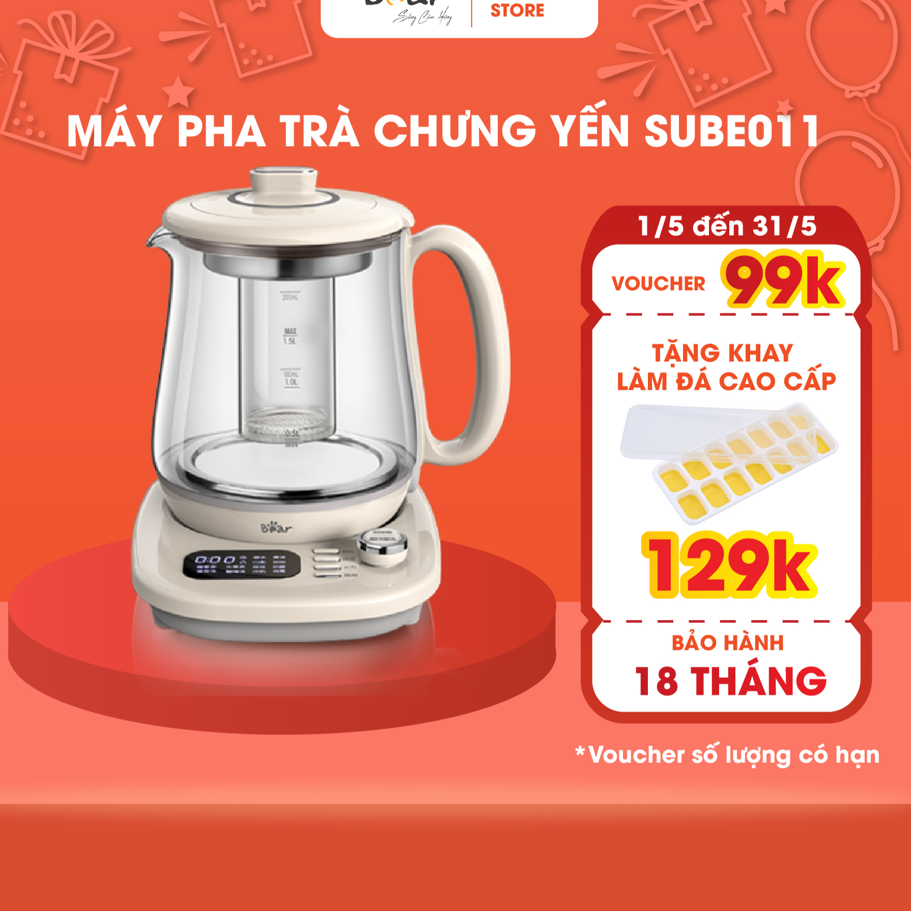 Bình Pha Trà, Chưng Yến, nấu cháo đa năng cao cấp Bear YSH-C15Q5 Hàng Chính hãng