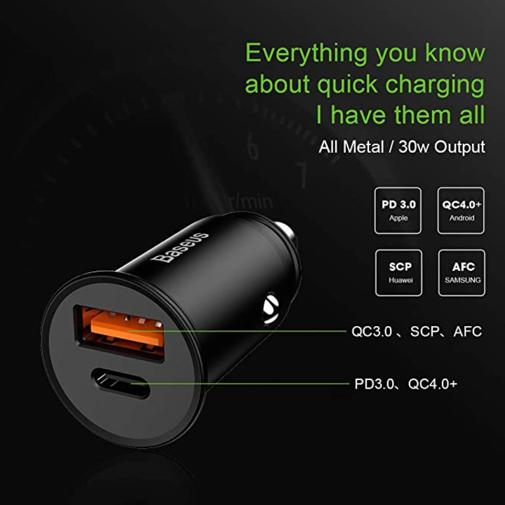 Tẩu sạc nhanh CCALL-AS01 đa năng 2 cổng USB và Type C dùng cho ô tô, xe hơi nhãn hiệu Baseus Circular  Plastic A+C, công suất 30W - Hàng Nhập Khẩu