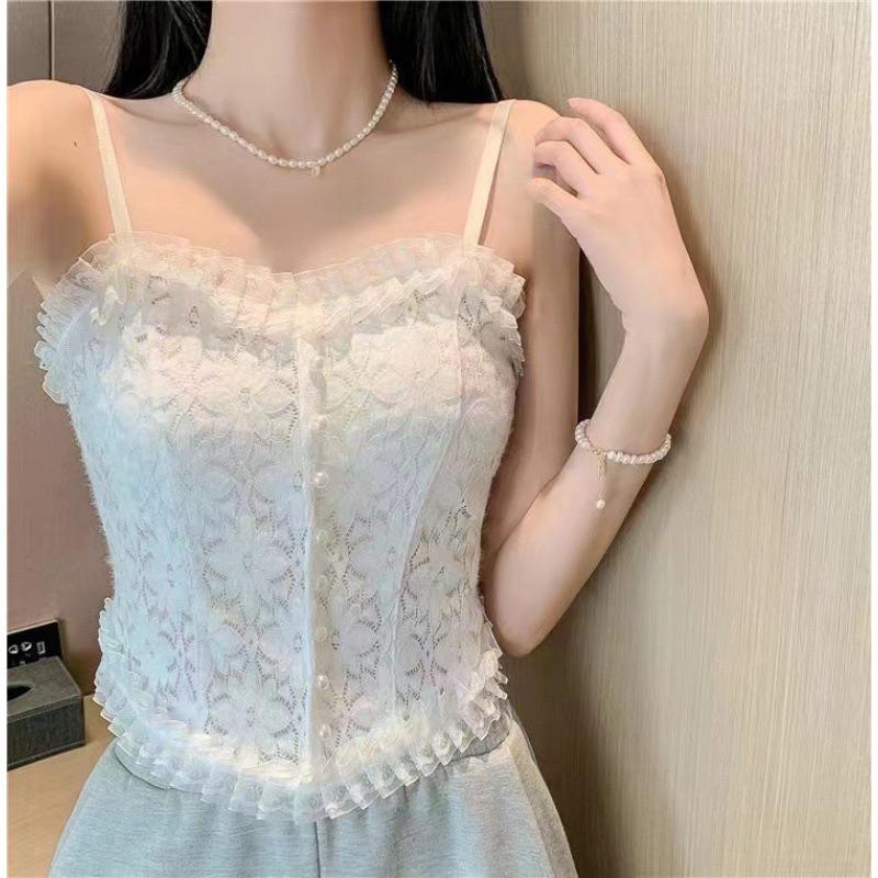 Áo hai dây nữ khuy ngọc phối ren có đệm ngực chun lưng hàng QC