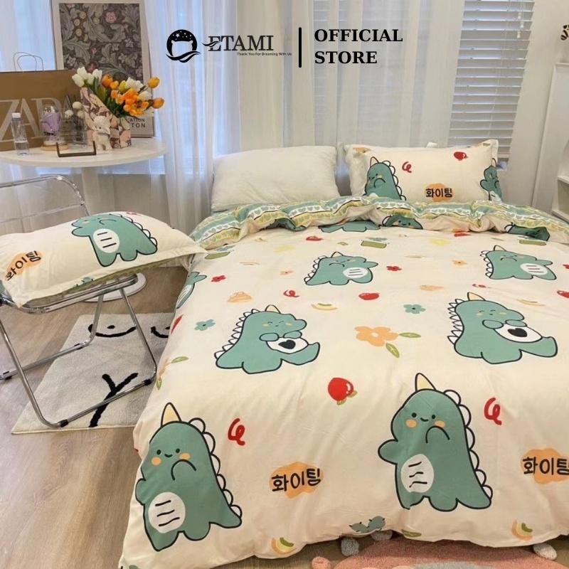 Bộ chăn ga gối đệm cao cấp cotton poly khủng long xanh cute miễn phí bo chun drap giường , ga trải giường P14