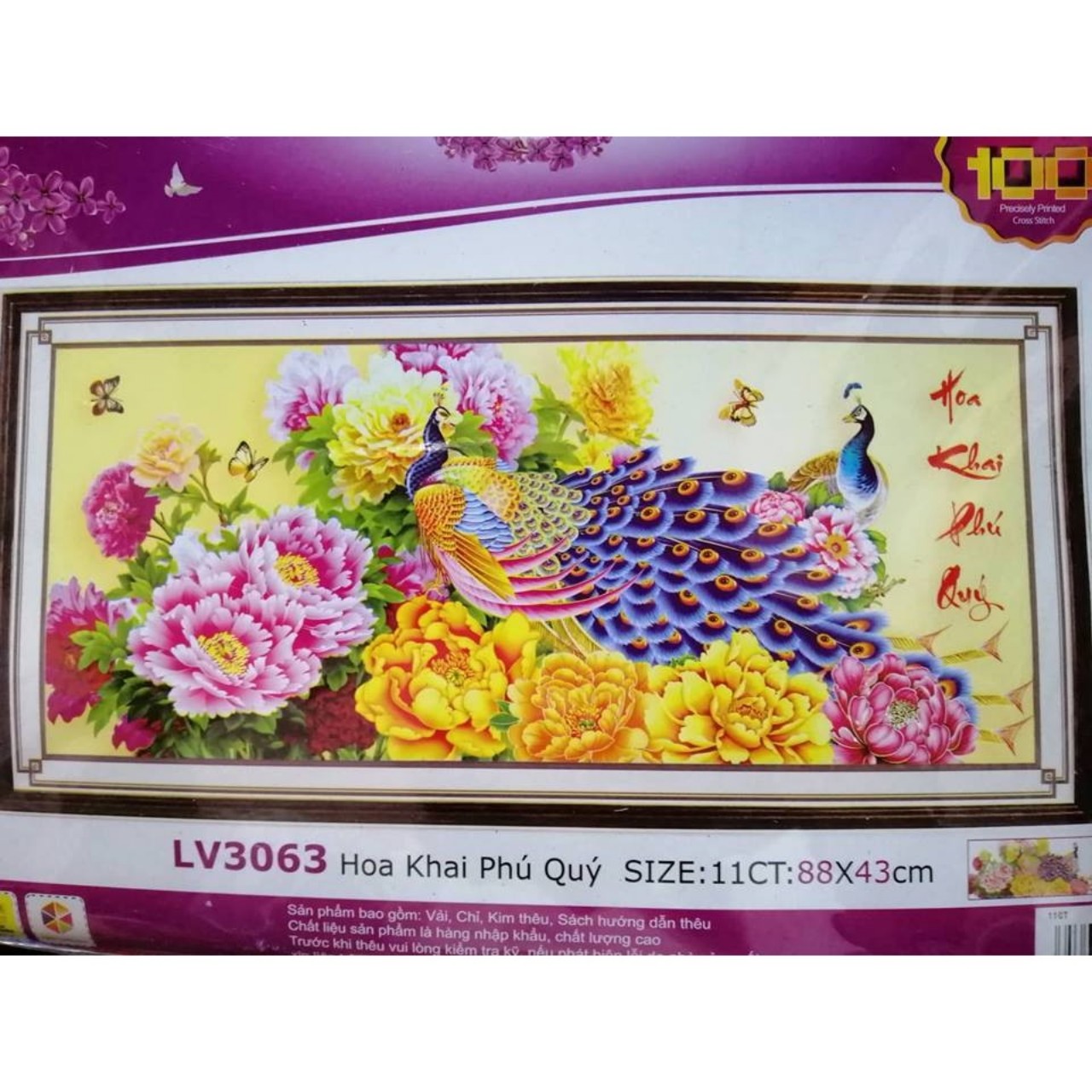 Tranh thêu 3d hoa khai phú quý 88x43cm tự thêu