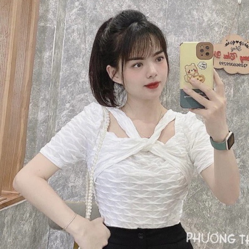 Áo kiểu nữ khoét vai chất vải thun xốp tay ngắn