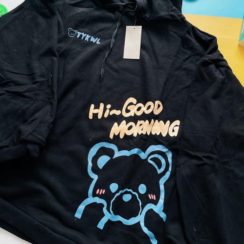 ÁO HOODIE CÓ MŨ FORM RỘNG MÀU ĐEN HÌNH GẤU GOOD MORNING