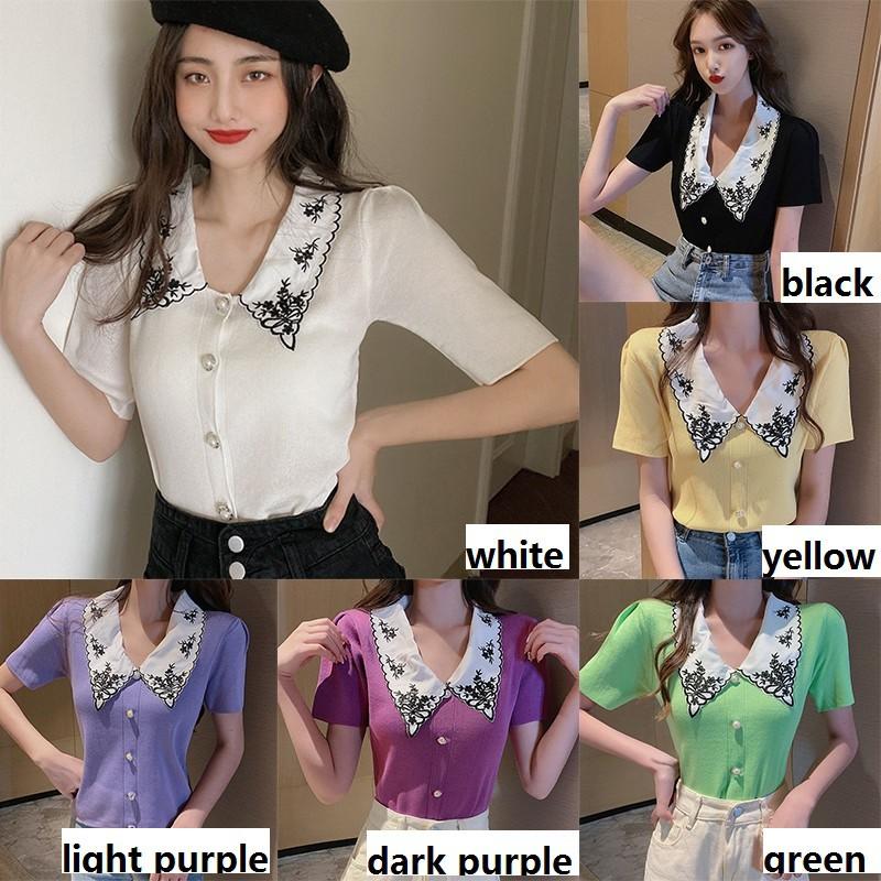 Áo Thun Ngắn Tay Thêu Họa Tiết Xinh Xắn Dành Cho Nữ