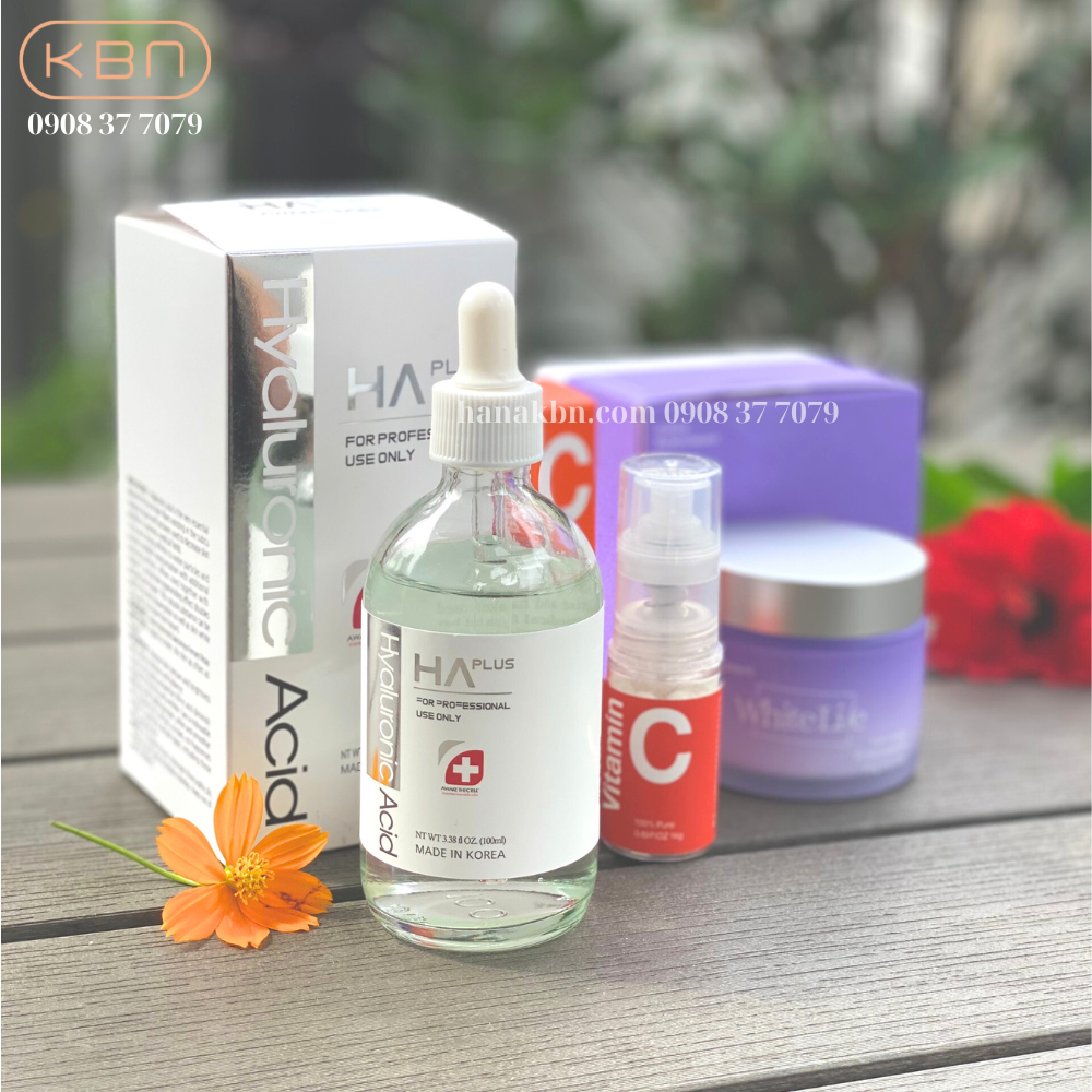 Combo 3 Sản Phẩm HA Plus 100ml + Vitamin C Bột + Kem Dưỡng White Lie, Tặng 2 Mặt Nạ Soothing