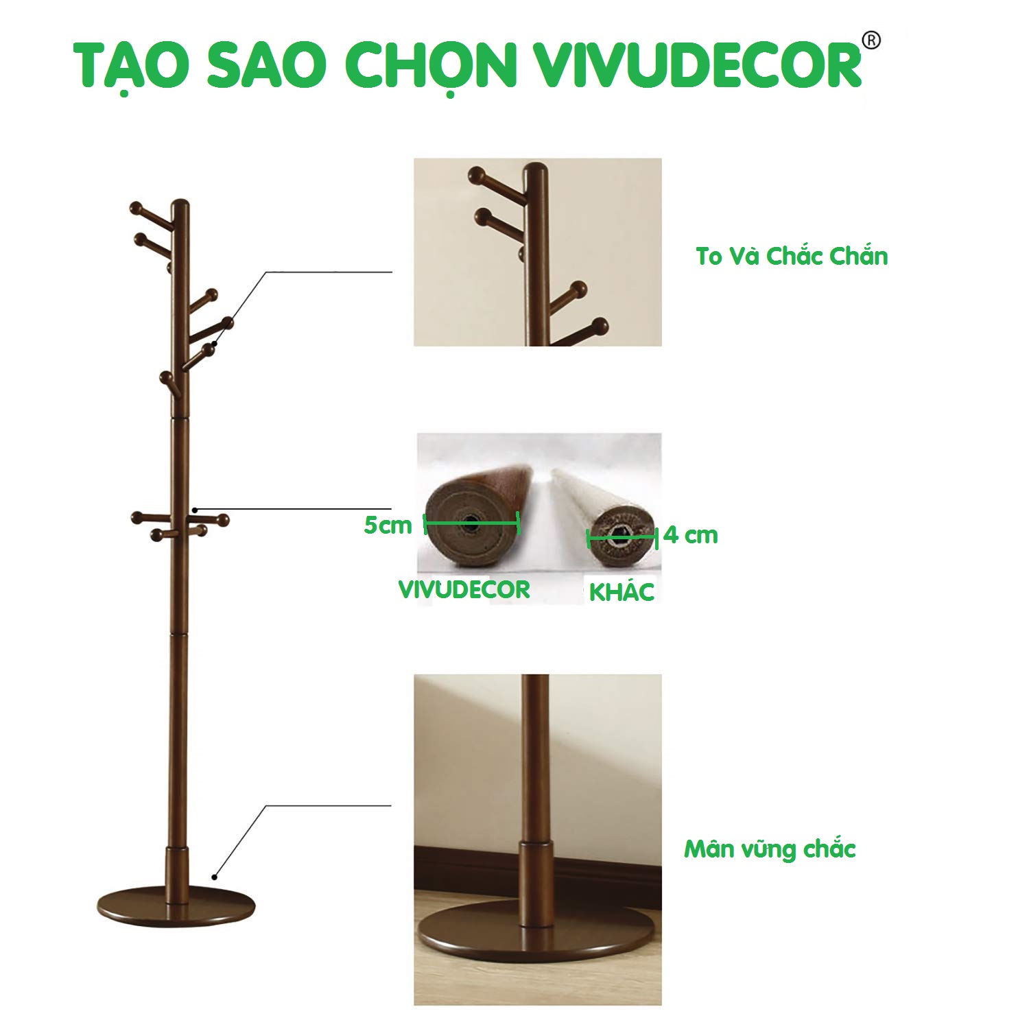 Cây treo quần áo VIVUDECOR CT10 100% gỗ tự nhiên 10 nhánh