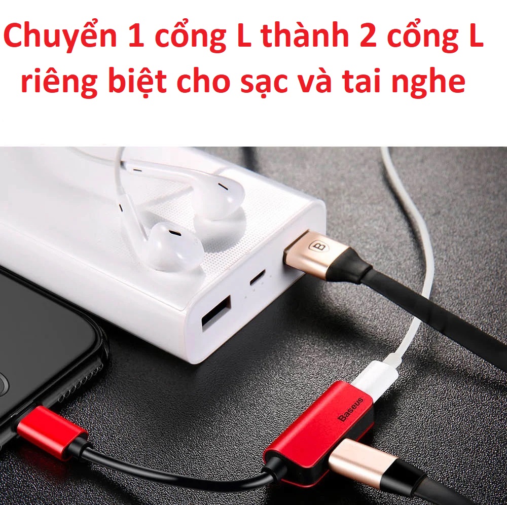 Cáp chuyển 1 cổng L ra 2 cổng L để dùng sạc và tai nghe trên iP cùng lúc Baseus L37 - Hàng chính hãng