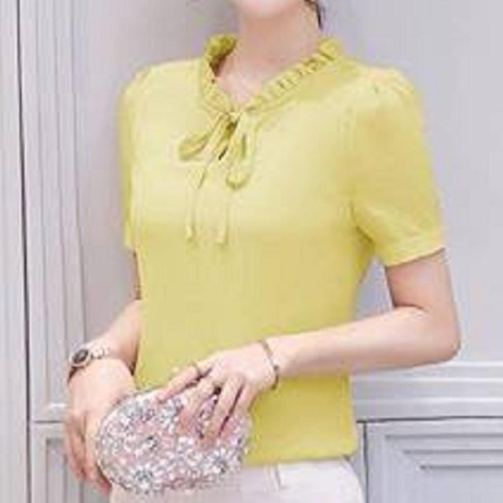 Aó công sở cổ nhún cột nơ tay con