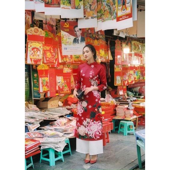 áo dài gấm - Quần lụa trắng,M
