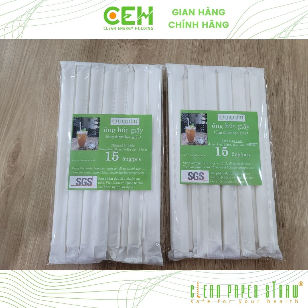 Túi 15 ống hút giấy có bọc 8x197mm màu trắng dành cho sinh tố, đá xay
