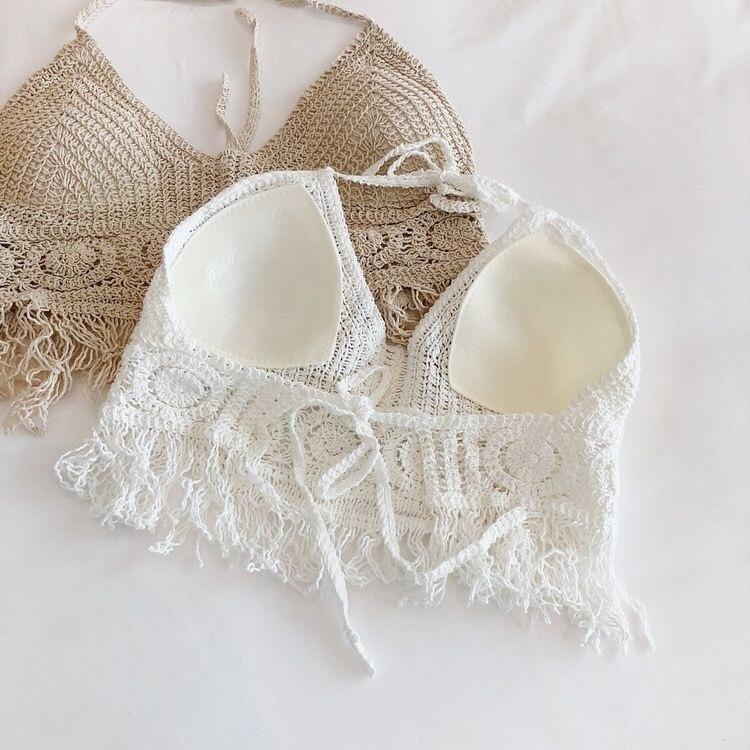 MS591 Áo hai dây lưới đan móc tua rua hở lưng đi biển có mút ngực