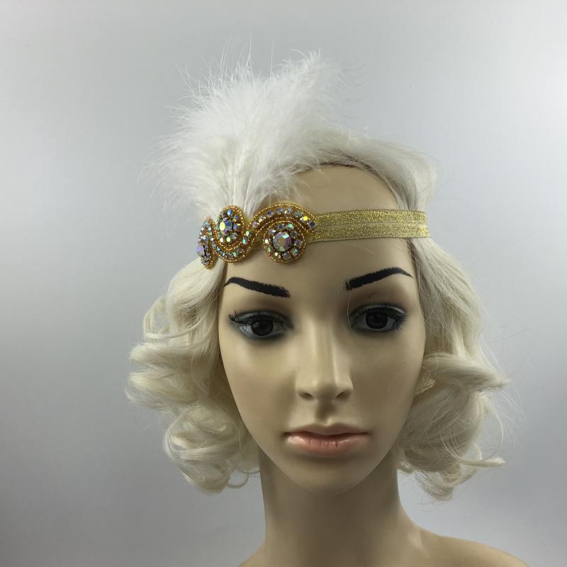1920's Flapper Headpiece Great Gatsby Crystal Bridal Hair Band Feather Headb