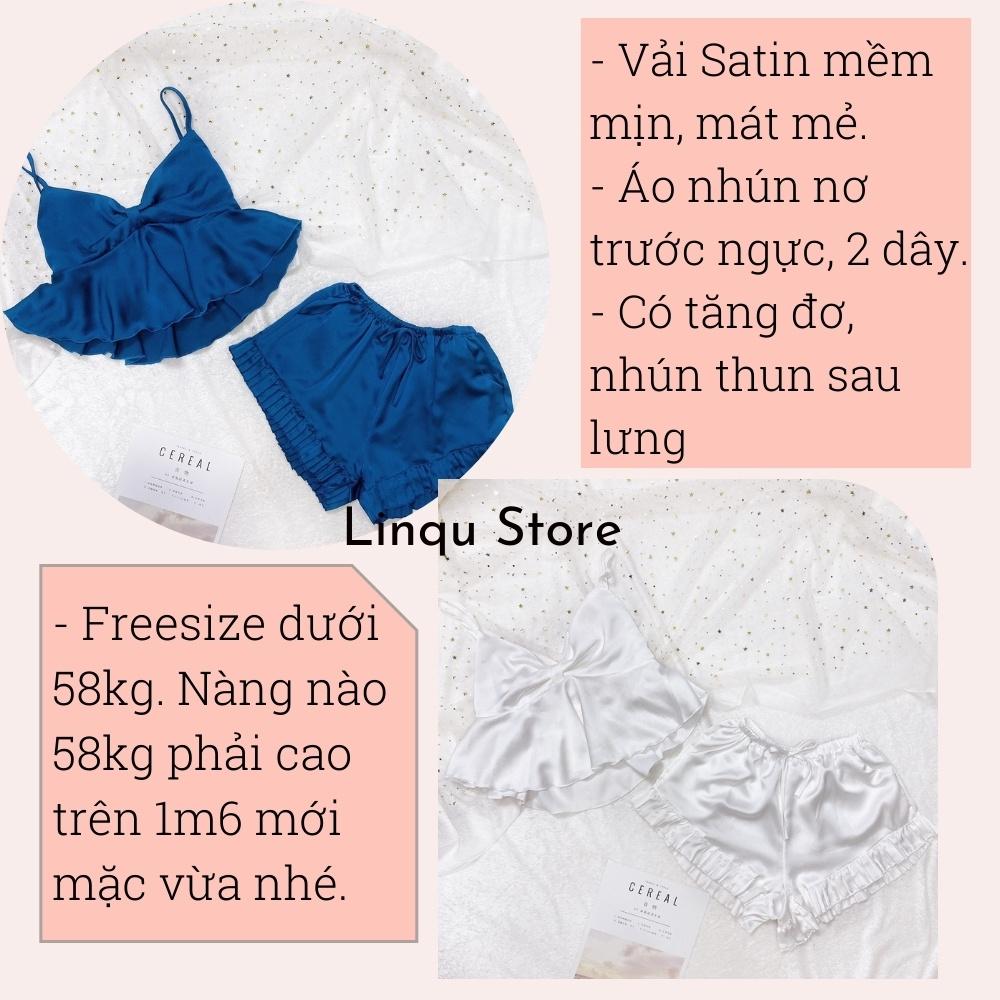 Đồ Ngủ Lụa Sexy 2 Dây Gợi Cảm Nhún Nơ Chất Lụa Satin Freesize