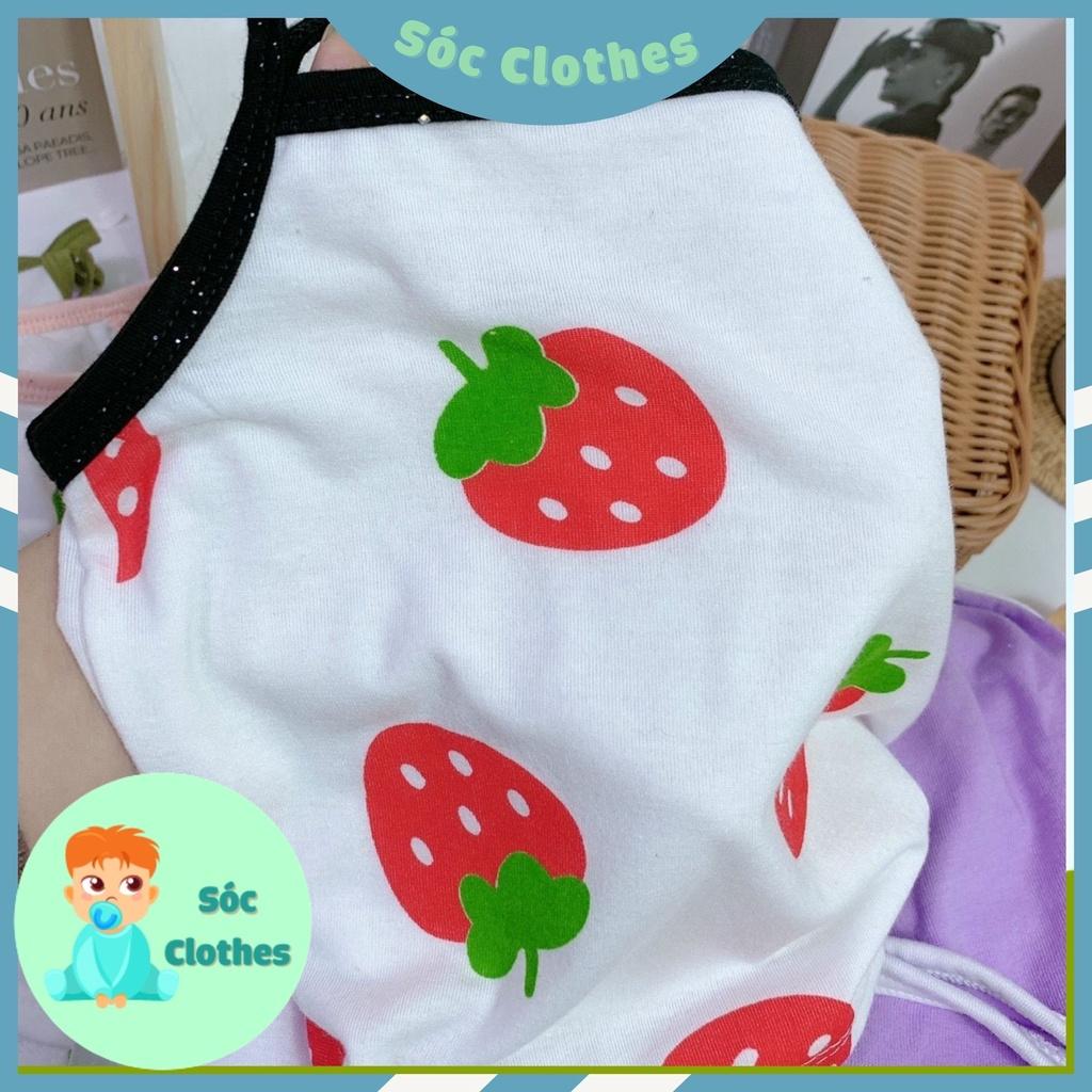 Bộ Thun Cotton Hai Dây Hoạ Tiết Dâu Tây Cho Bé Gái Size Nhí 8-18kg