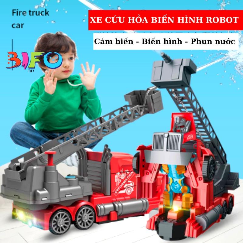 Đồ chơi xe cứu hỏa phun nước tự động biến hình Robot có đèn nhạc mới lạ cho bé đồ chơi xe ô tô bé trai màu đỏ cực ngầu