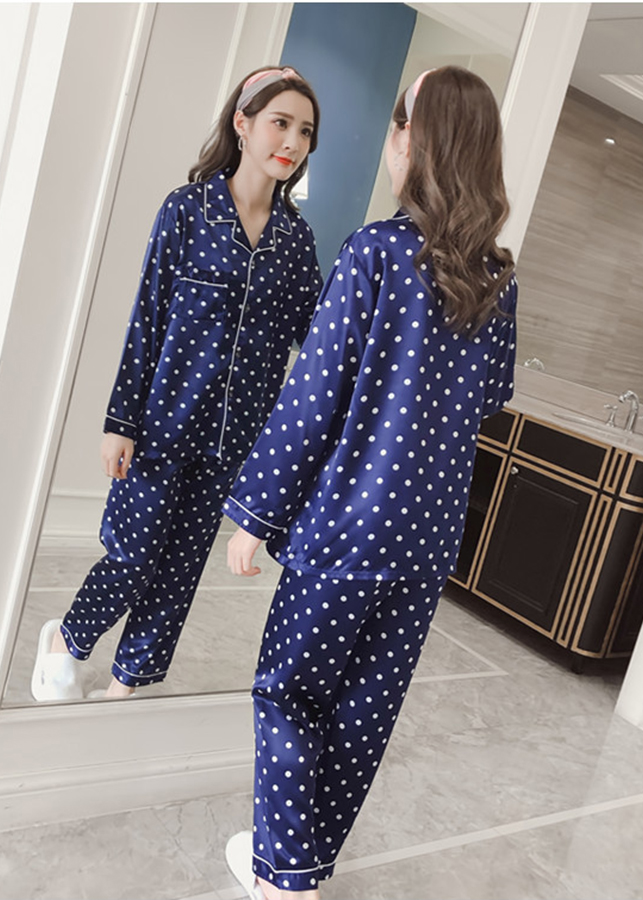Bộ Đồ Mặc Nhà Pijama Phi Lụa Họa Tiết Chấm Bi xanh CDANP15