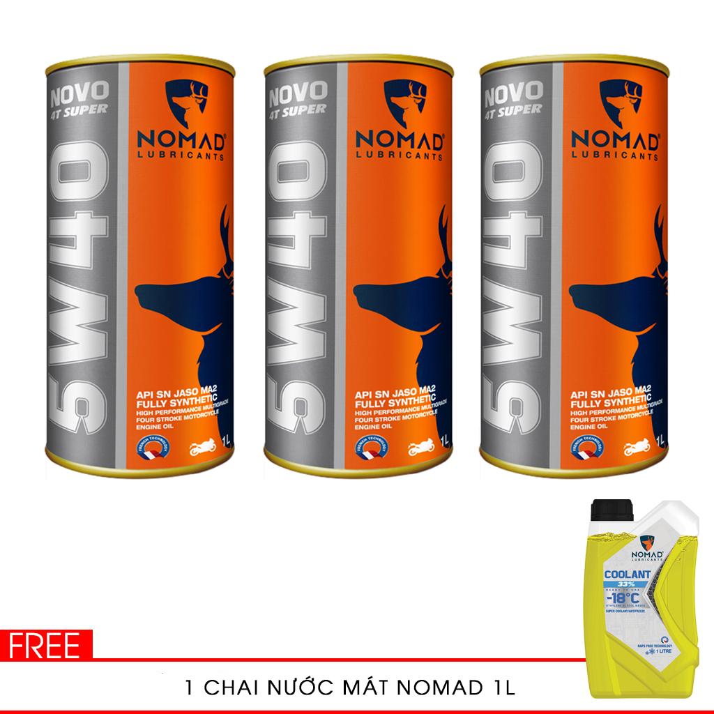 3 LON NHỚT NOMAD 1L - 1.1L - 1.3L DÀNH CHO XE CÔN TAY - TỔNG HỢP TOÀN PHẦN 100% SAE 5W40 - API SN - JASO MA2 TẶNG 1 CHAI NƯỚC MÁT NOMAD 1L PHA SẴN