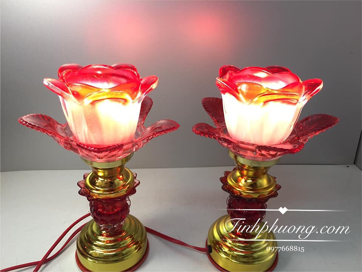 Đôi Đèn thờ điện , hoa cánh thuỷ tinh bóng led tiết kiệm điện giá 2 chiếc KH29733