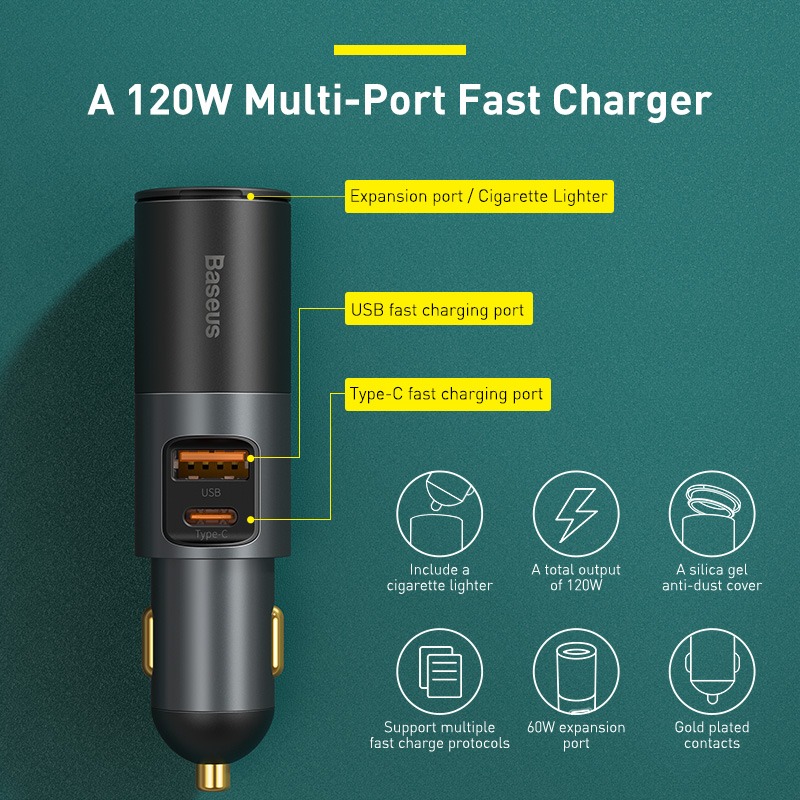Tẩu sạc nhanh mở rộng 120W Baseus Share Together Fast Charge dùng cho xe hơi (120W, TypeC / USB Port, QC / PD3.0 Car Quick Charger with Cigarette Lighter Expansion Port ) - Hàng chính hãng - 2USB