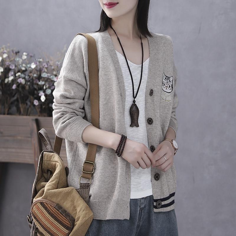 Áo cardigan len nữ thêu hình mèo trẻ trung, thời trang phong cách Hàn