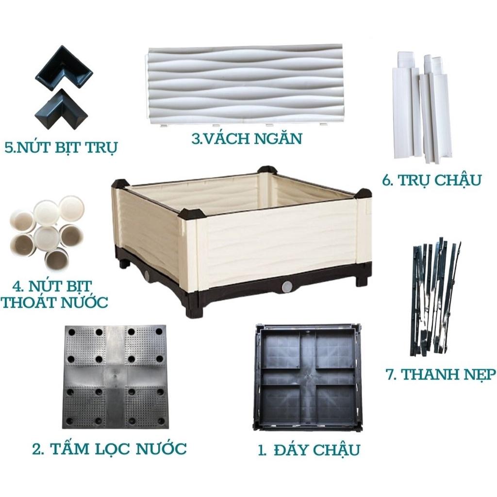 Chậu trồng rau lắp ghép. KT 150x50 cao 55 cm.Đáy thoát nước chống ngập úng.Sang trọng - Thẩm mỹ - Bền hơn 10 năm.Bảo hành 1 năm toàn quốc