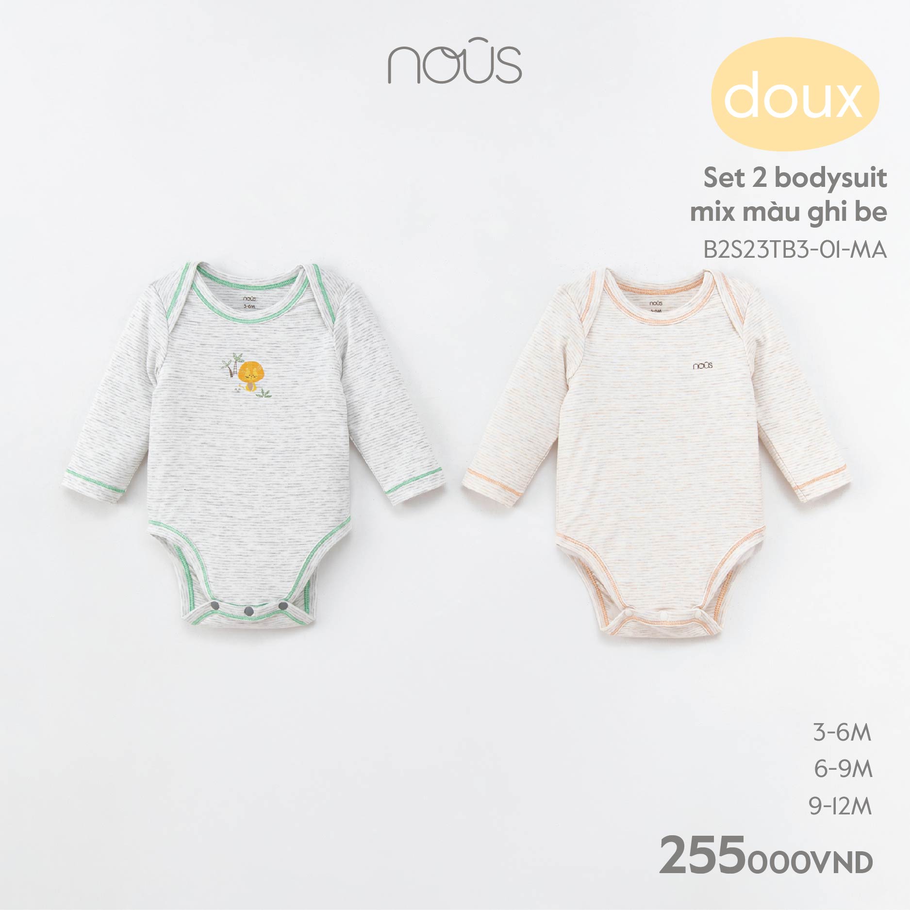 Set 2 bộ bodysuit Nous mix các màu và set 2 quần dài mix màu chất liệu Nu Doux thấm hút