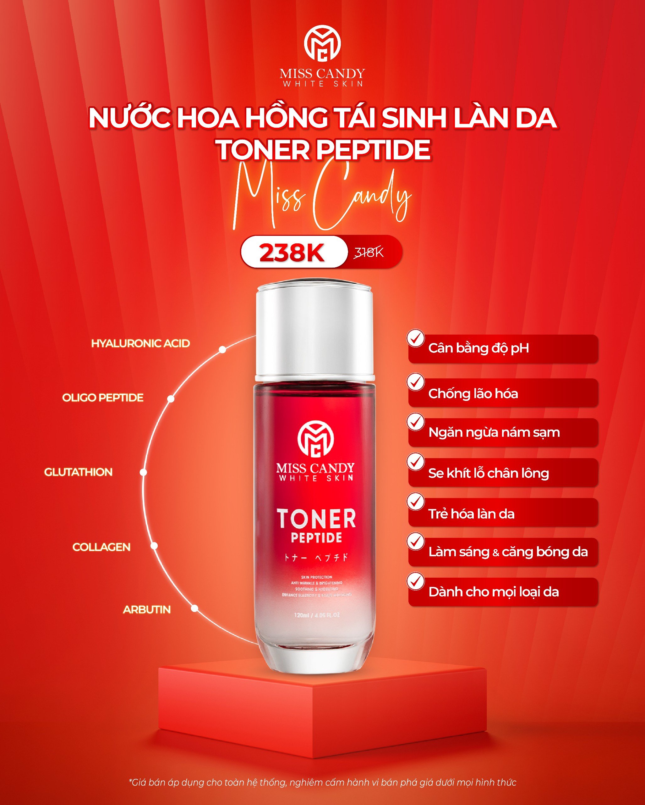 [MISS CANDY] Bộ 5 Sản Phẩm Trắng Da Mờ Thâm, Sạm, Nám, Tàn Nhang MISS CANDY Gồm: Serum HA Peptide 30ml + Kem Nám Sâm Nhung Hoàng Kim 25g + Kem Dưỡng Trắng Da Face Nano 30g + Kem Chống Nắng Dưỡng Trắng Da 50g + Nước Hoa Hồng Tái Sinh Làn Da 120ml