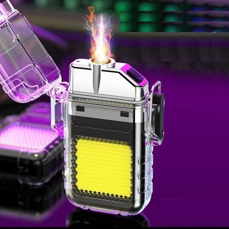 Hộp quẹt điện plasma 4in1 vỏ trong suốt có đèn pin siêu sáng chống nước chống gió, cổng sạc usb type C (tặng kèm dây sạc)