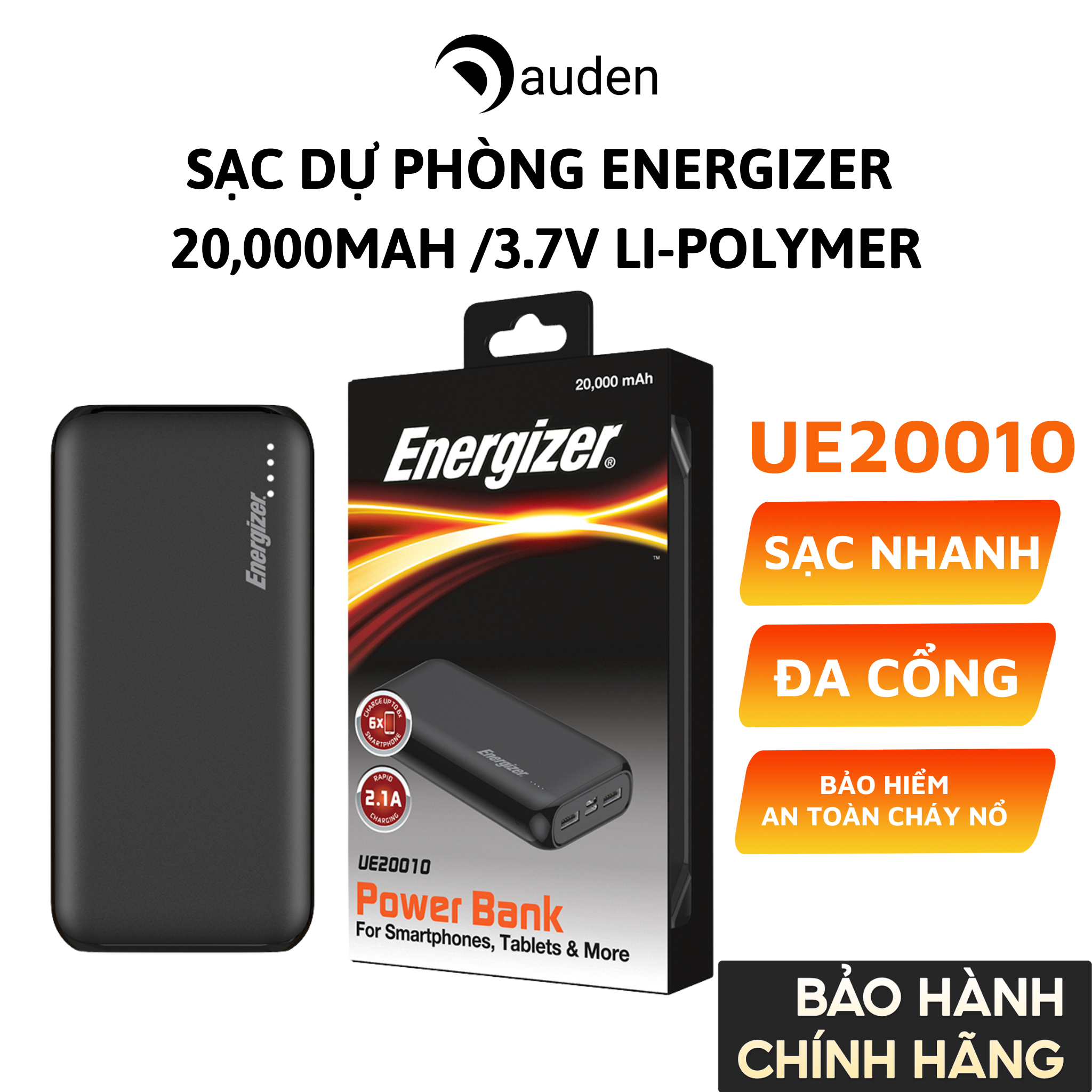 Sạc dự phòng Energizer 20,000mAh /3.7V Li-Polymer UE20010BK - Hàng chính hãng bảo hành 2 năm 1 dổi 1