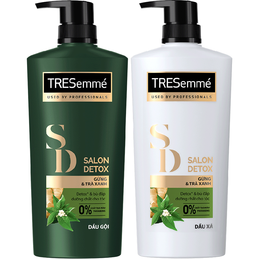 Combo Dầu Gội, Dầu Xả TRESEMME Salon Detox Cho tóc chắc khỏe cùng Gừng và Trà Xanh Dầu gội xả Detox tóc sạch sâu 640g, 620g