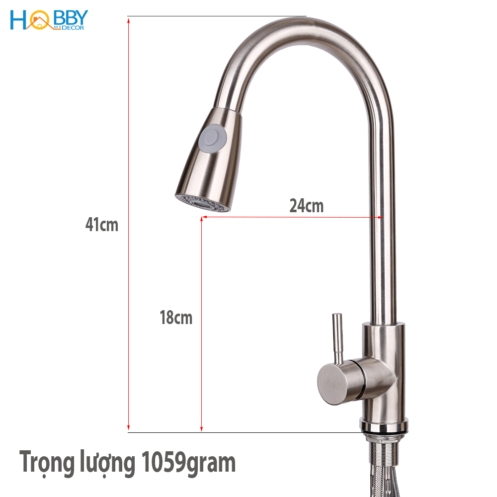 Vòi rửa chén nóng lạnh dây rút inox 304 HOBBY Home Decor VDR1 có 2 chế độ phun tăng áp kèm dây cấp