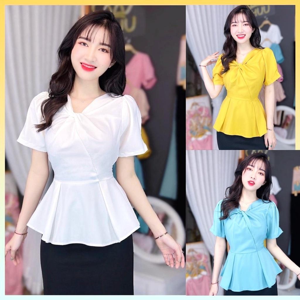 Áo sơ mi kiểu nữ peplum kate lụa CỔ XOẮN NGỰC và chun lưng giấu bụng hiệu quả