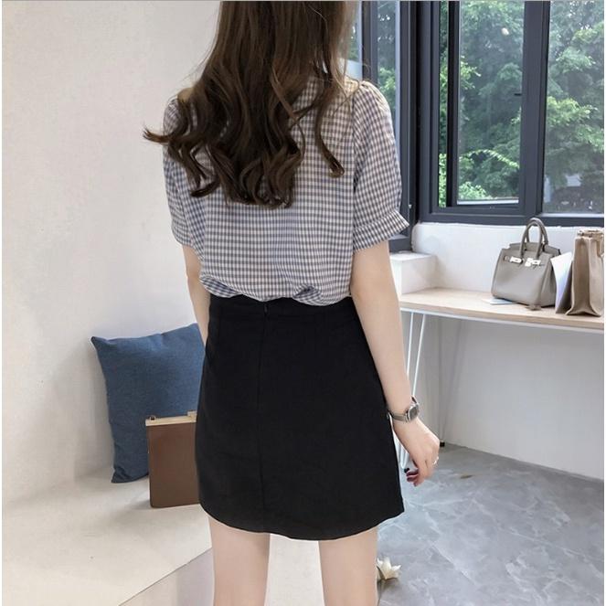 Áo sư mi nữ Đũi việt cổ V caro phong cách Hàn Quốc S190