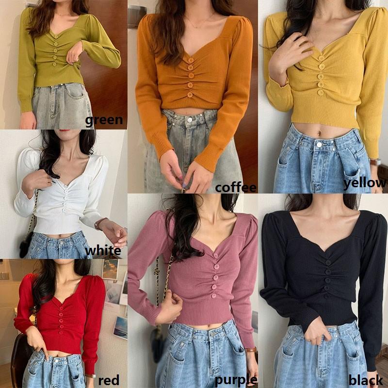 Áo Thun Dệt Kim Tay Dài Thiết Kế Cổ Chữ V Màu Trơn Thanh Lịch