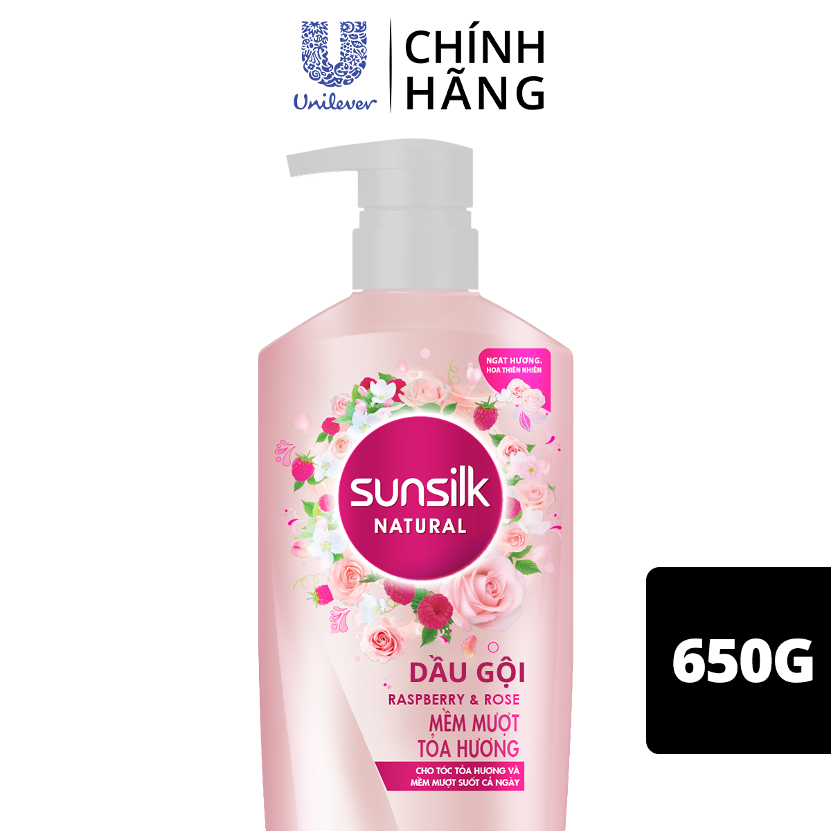 Dầu gội Sunsilk Mềm Mượt Tỏa Hương 650gr dành cho tóc khô xơ với dưỡng chất thiên nhiên phúc bồn tử &amp; hoa hồng