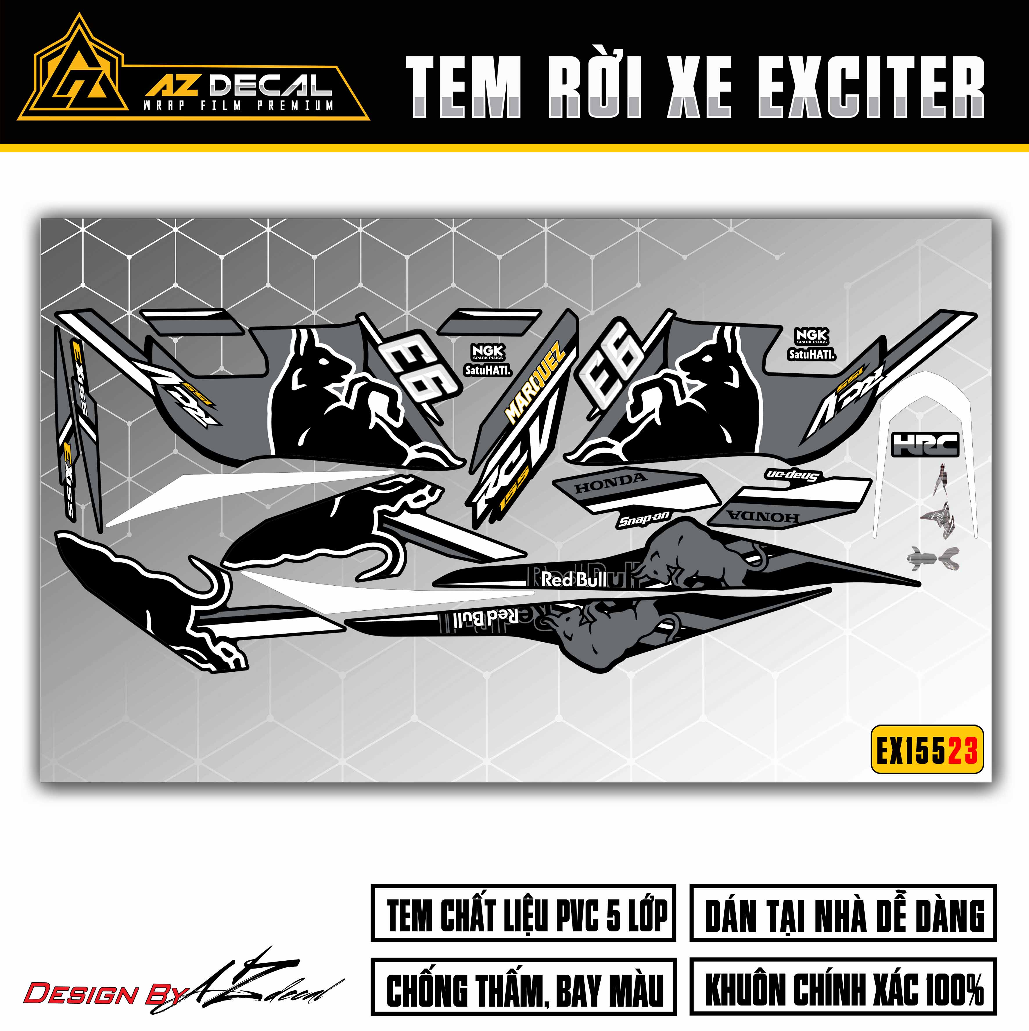 Tem Rời Exciter 155 Mẫu Red Bull | EX15523 | Decal Dán Xe Ex 155 VVA Đẹp Màu Đỏ, Xanh GP, Đen, Trắng